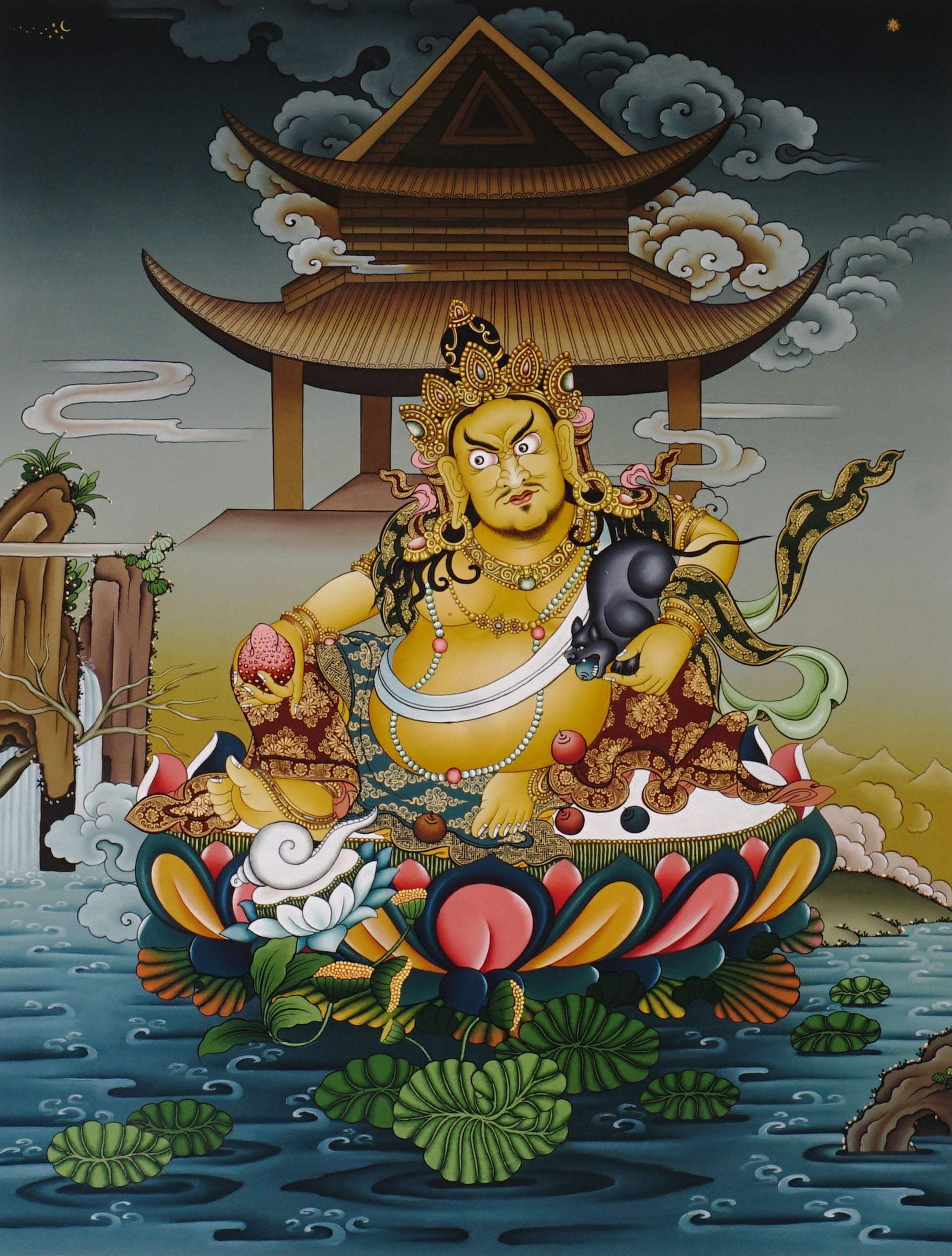 Yellow Zambala thangka painting Tibetan wealth deity seated on lotus with mongoose and jewels in detailed landscape
