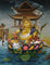 Yellow Zambala thangka painting Tibetan wealth deity seated on lotus with mongoose and jewels in detailed landscape