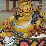 Yellow Zambala thangka painting Tibetan wealth deity seated on lotus with mongoose and jewels in detailed landscape