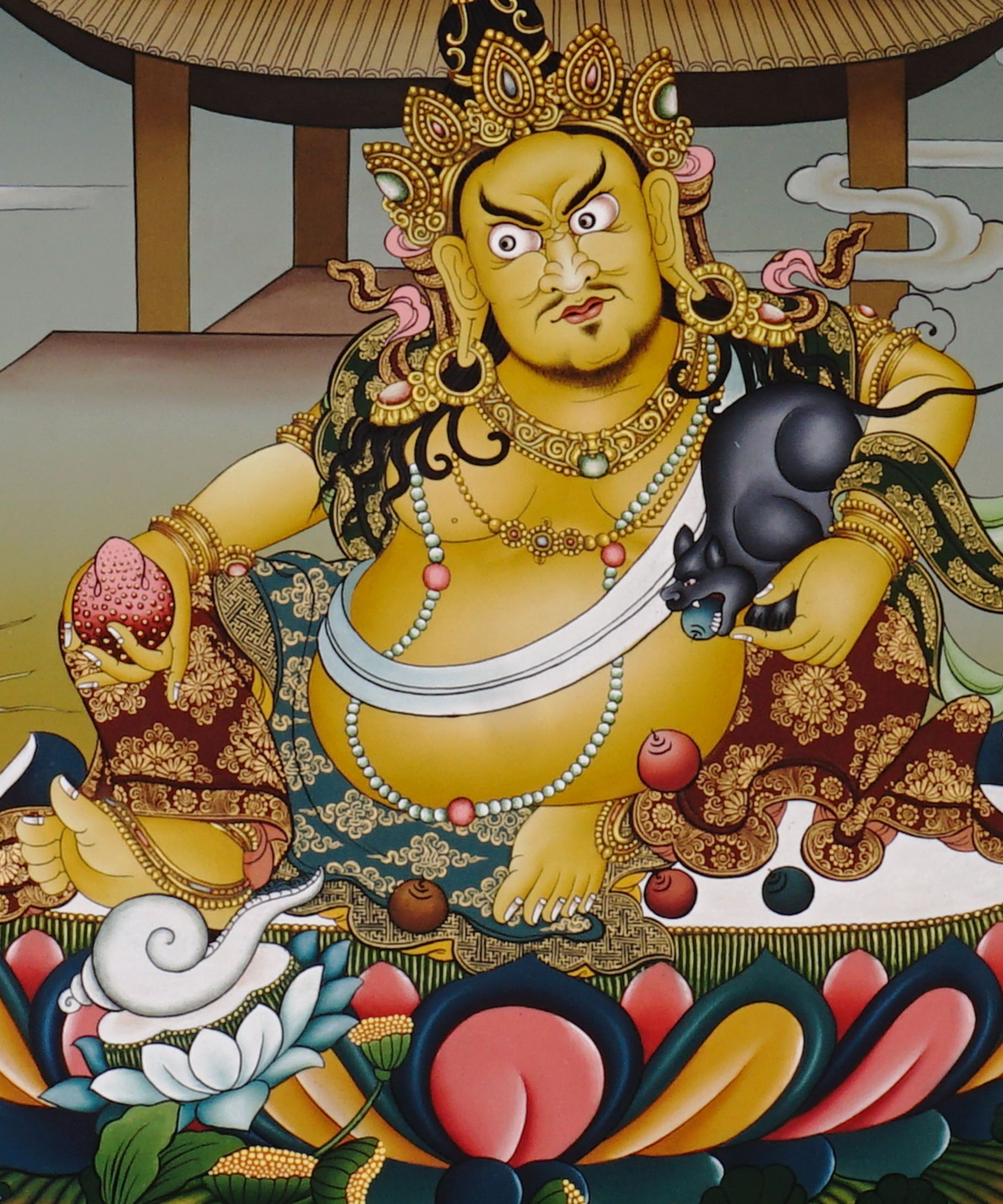 Yellow Zambala thangka painting Tibetan wealth deity seated on lotus with mongoose and jewels in detailed landscape