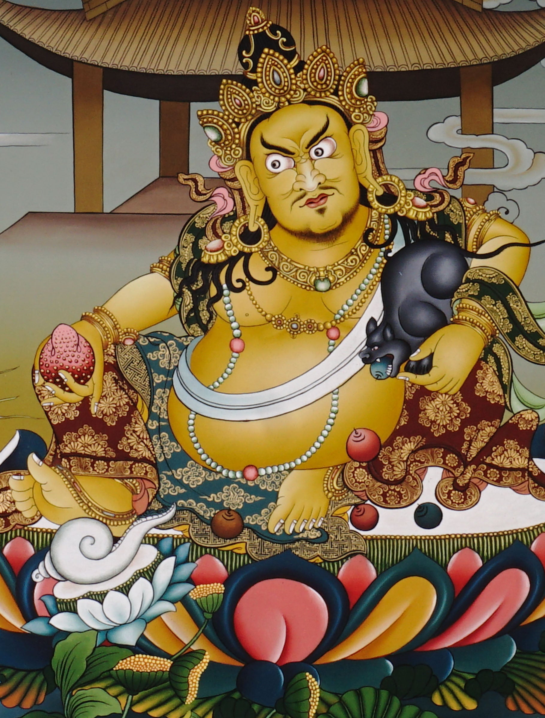 Yellow Zambala thangka painting Tibetan wealth deity seated on lotus with mongoose and jewels in detailed landscape