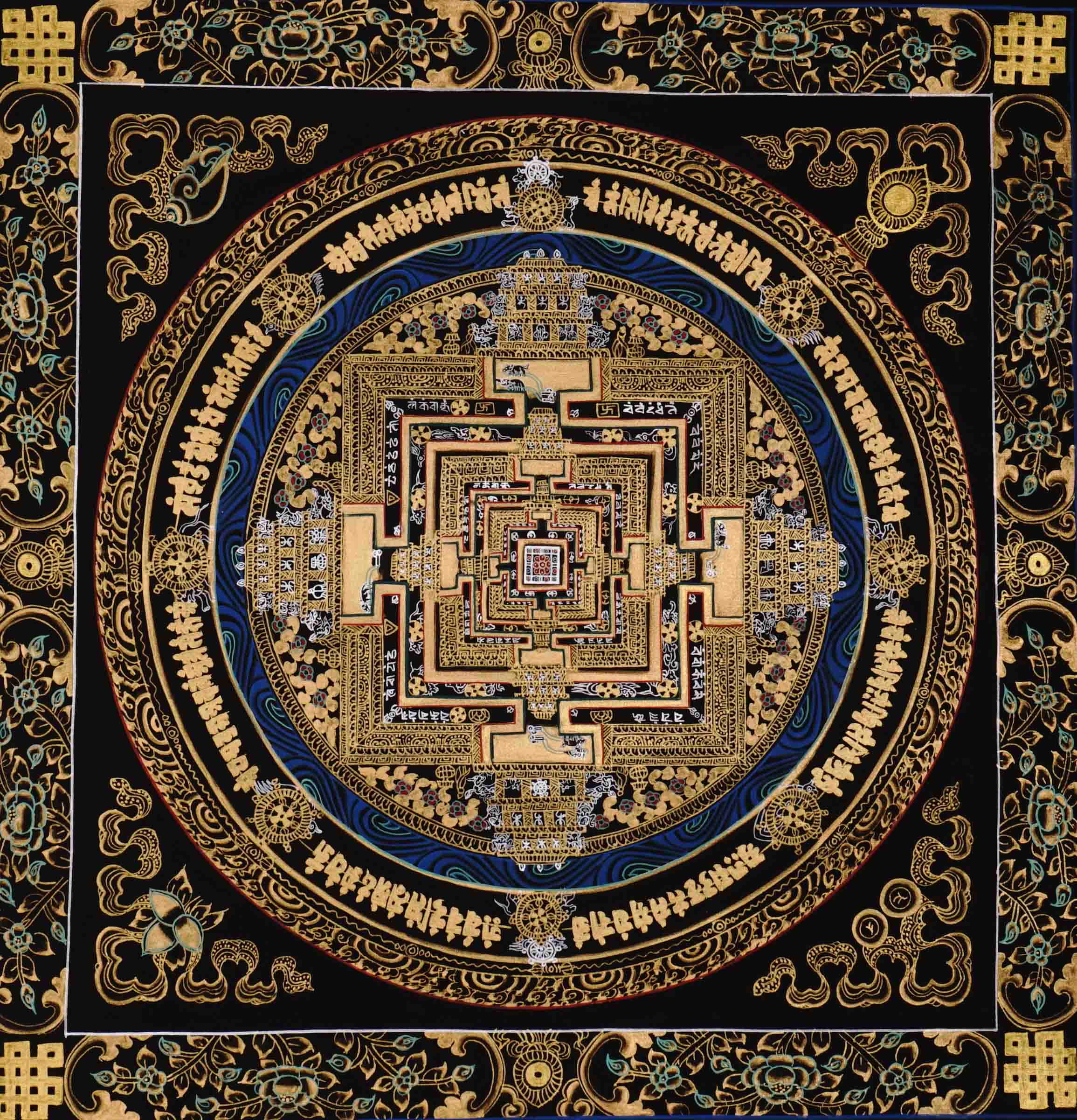 Black and gold Kalachakra Mandala Thangka Wheel of Time sacred art Nepal