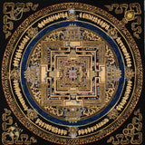 Black and gold Kalachakra Mandala Thangka Wheel of Time sacred art Nepal