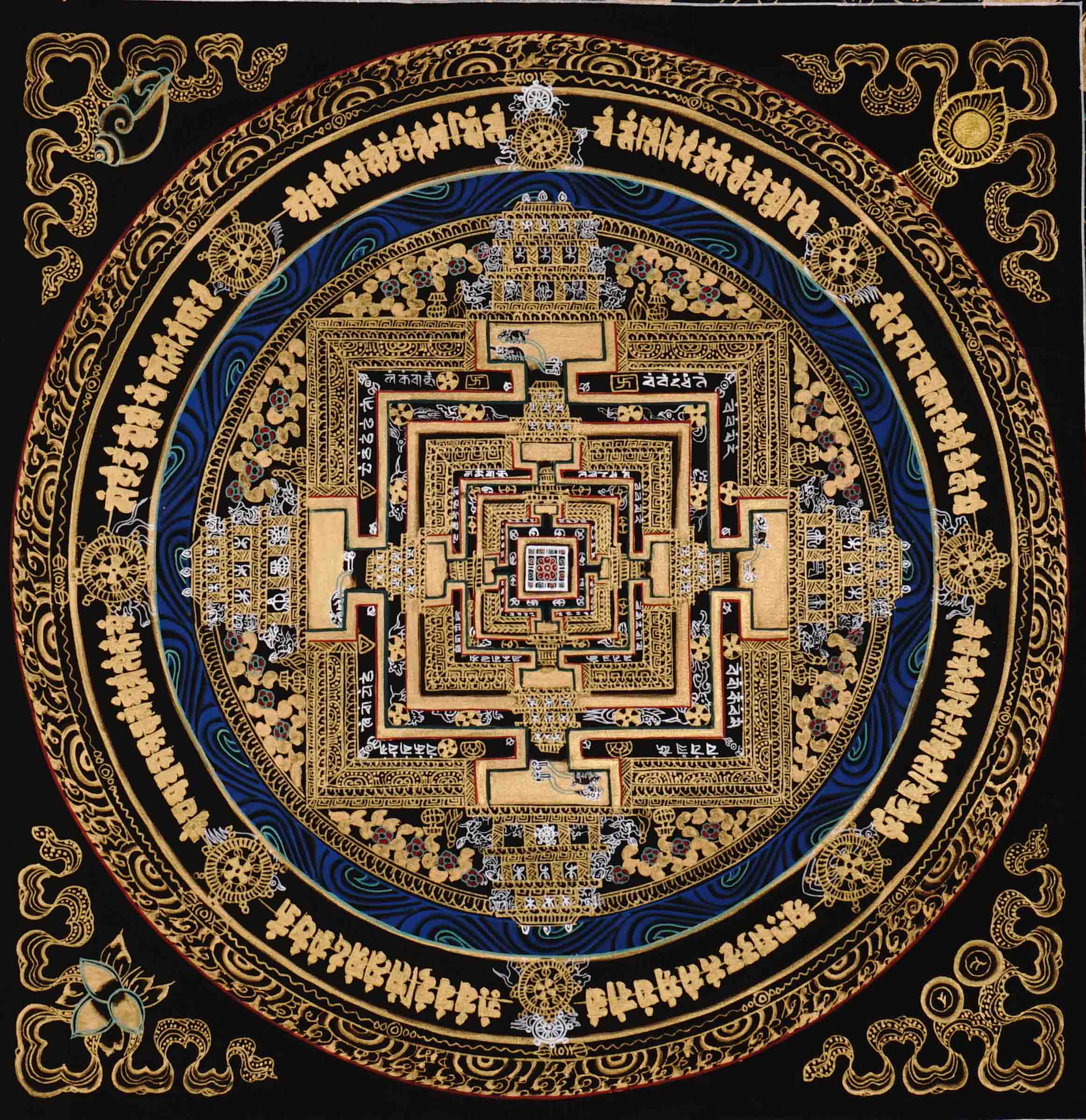 Black and gold Kalachakra Mandala Thangka Wheel of Time sacred art Nepal