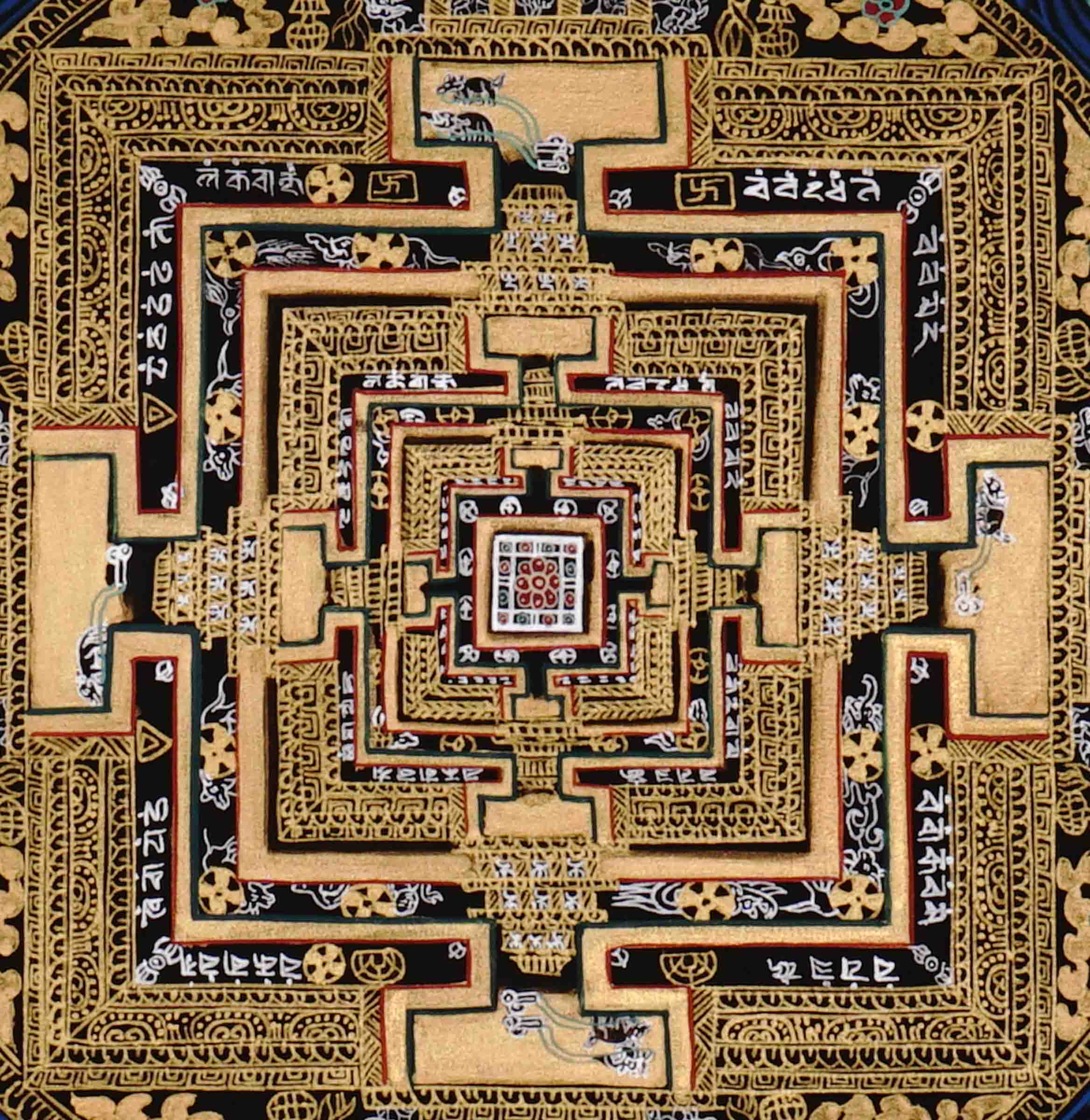 Black and gold Kalachakra Mandala Thangka Wheel of Time sacred art Nepal