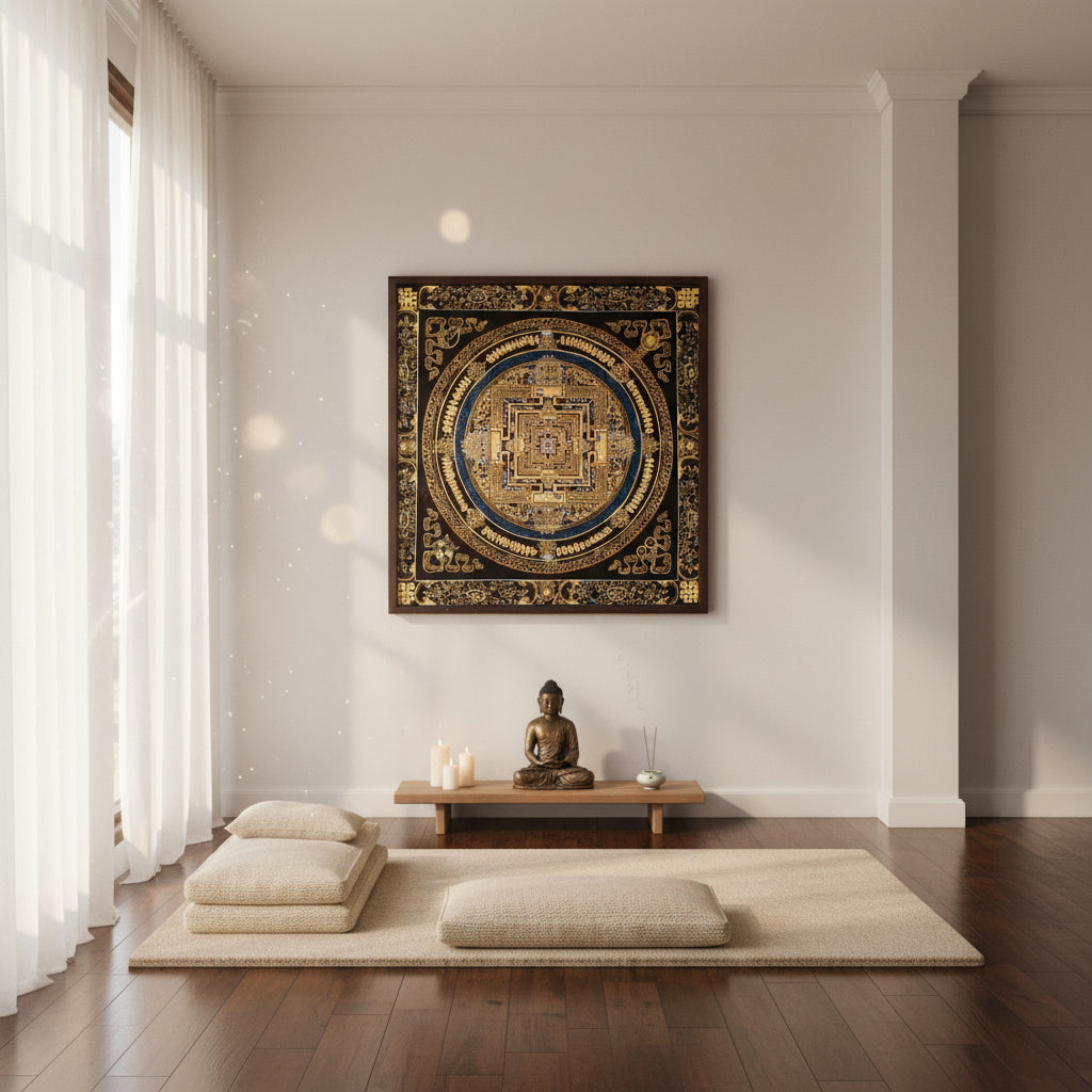 Black and gold Kalachakra Mandala Thangka Wheel of Time sacred art Nepal