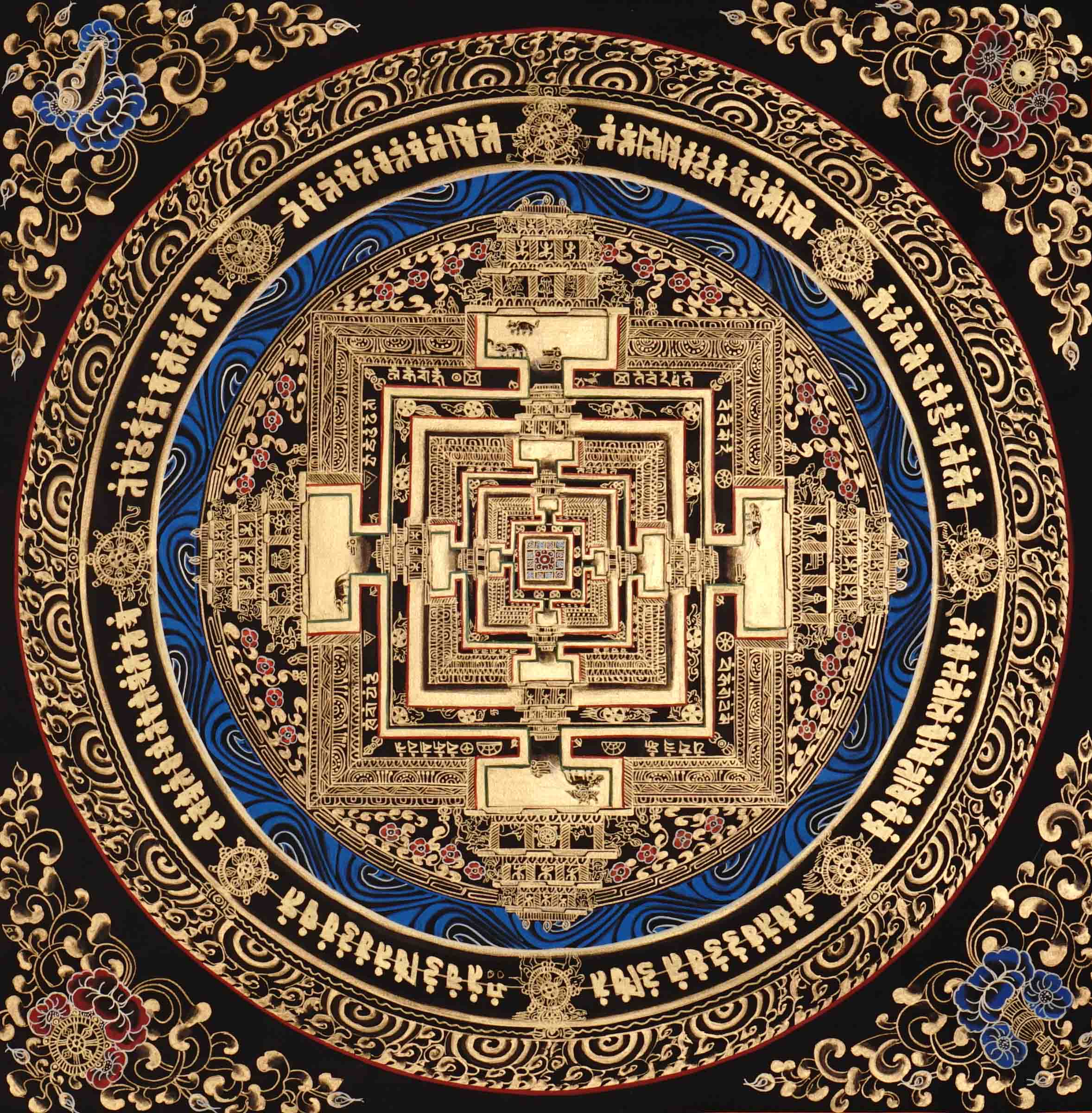 Kalachakra Mandala Thangka Black Gold Wheel of Time Art Nepal
