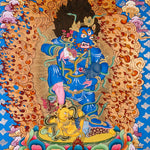 Black Zambhala thangka painting with fiery aura and lotus throne