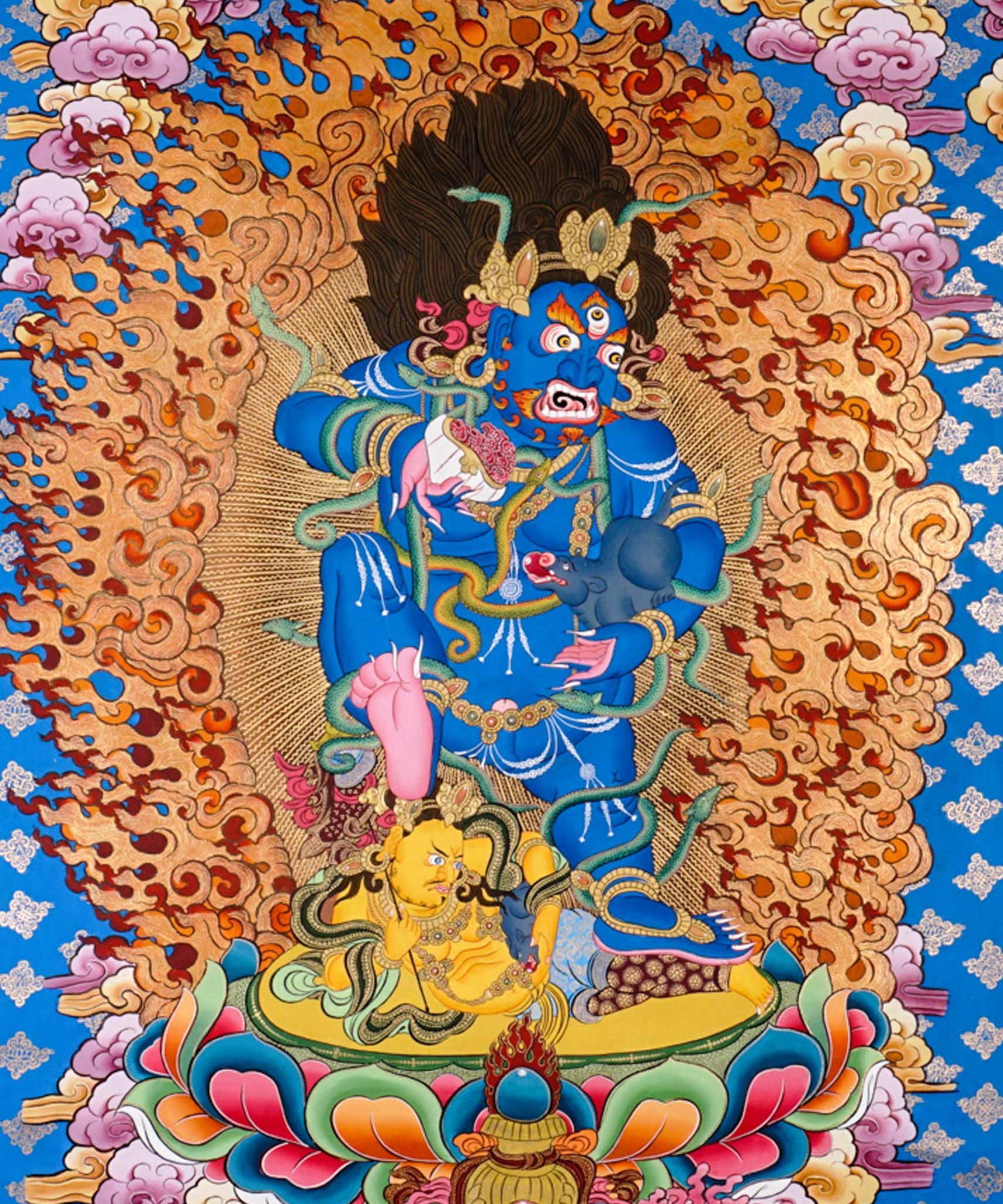 Black Zambhala thangka painting with fiery aura and lotus throne