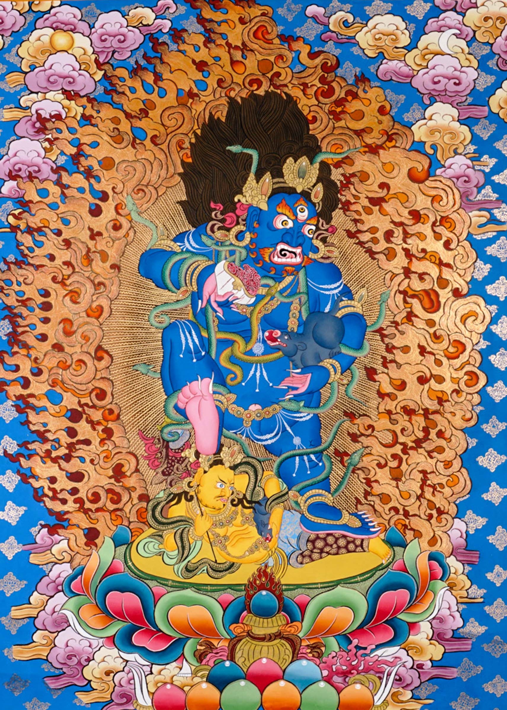 Black Zambhala thangka painting with fiery aura and lotus throne