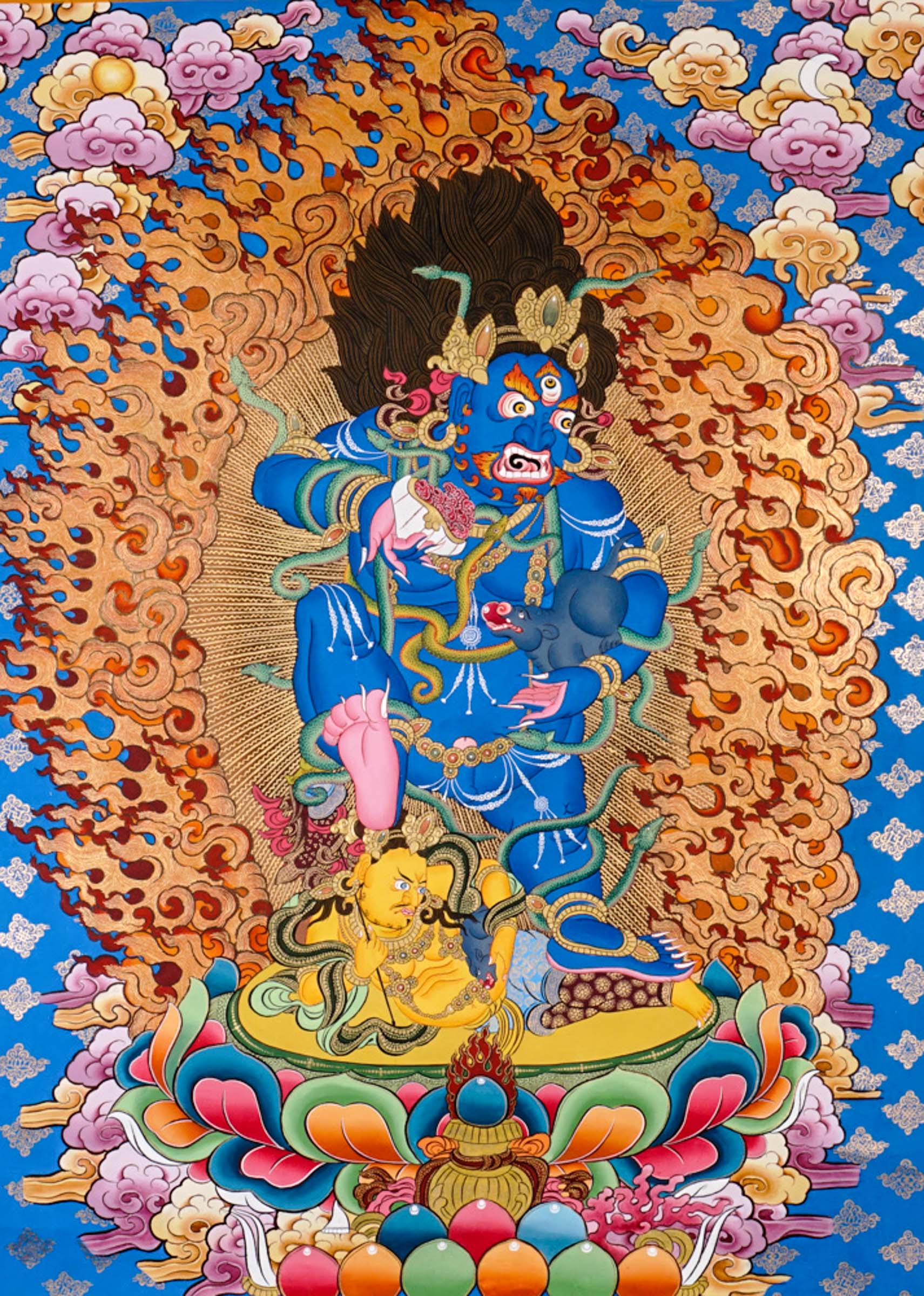 Black Zambhala thangka painting with fiery aura and lotus throne