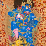 Himalayan Black Zambhala thangka painting with fiery aura and lotus throne