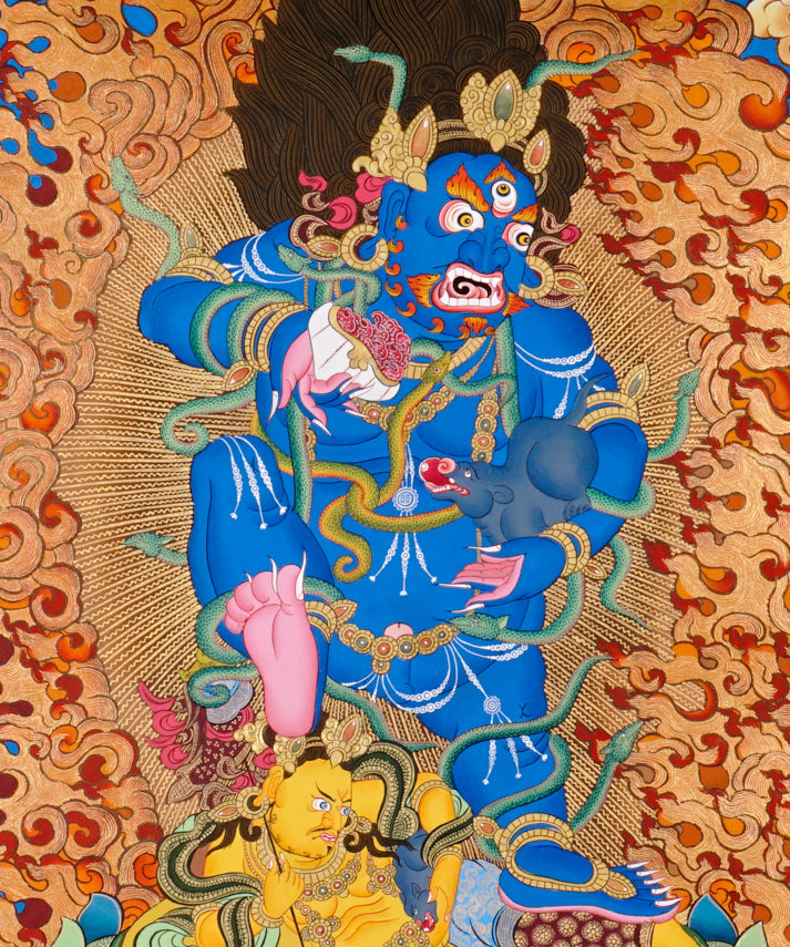 Himalayan Black Zambhala thangka painting with fiery aura and lotus throne