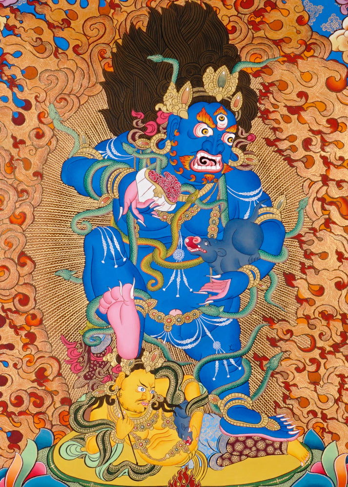 Himalayan Black Zambhala thangka painting with fiery aura and lotus throne