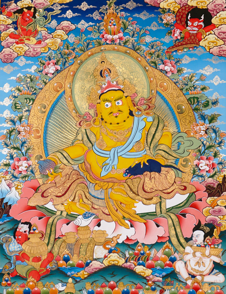 Yellow Zambhala thangka with Tibetan Buddhist wealth deity seated on lotus seat