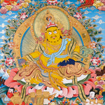 Yellow Zambhala thangka with Tibetan Buddhist wealth deity seated on lotus seat
