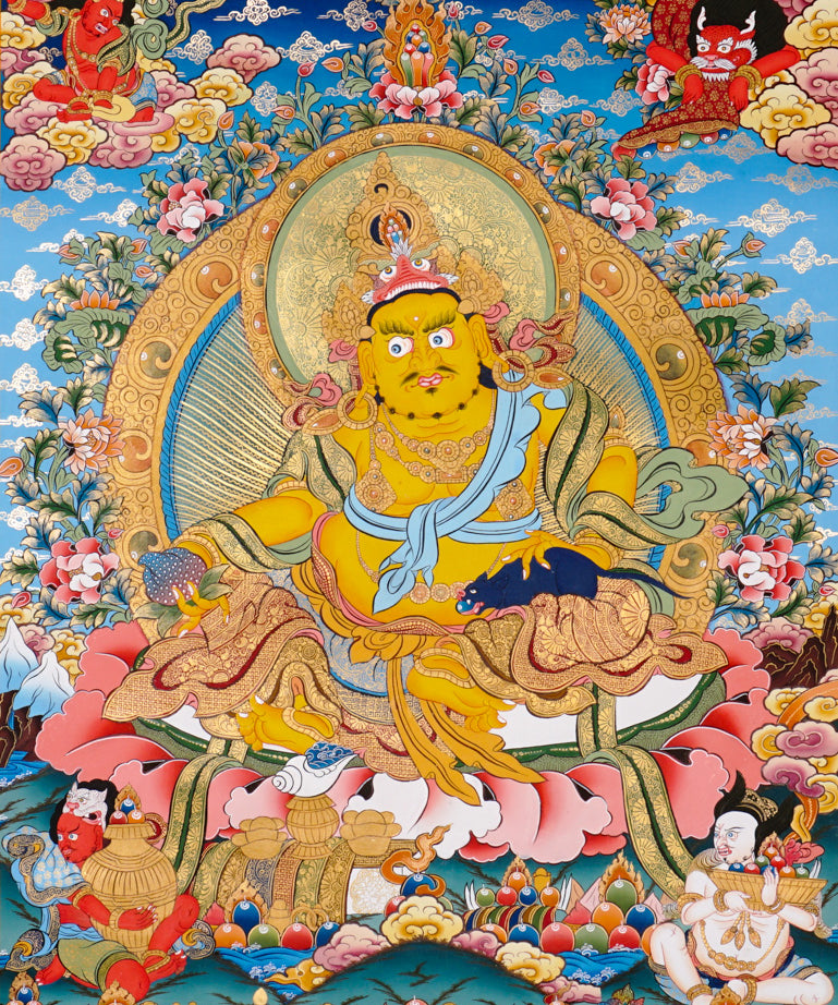 Yellow Zambhala thangka with Tibetan Buddhist wealth deity seated on lotus seat