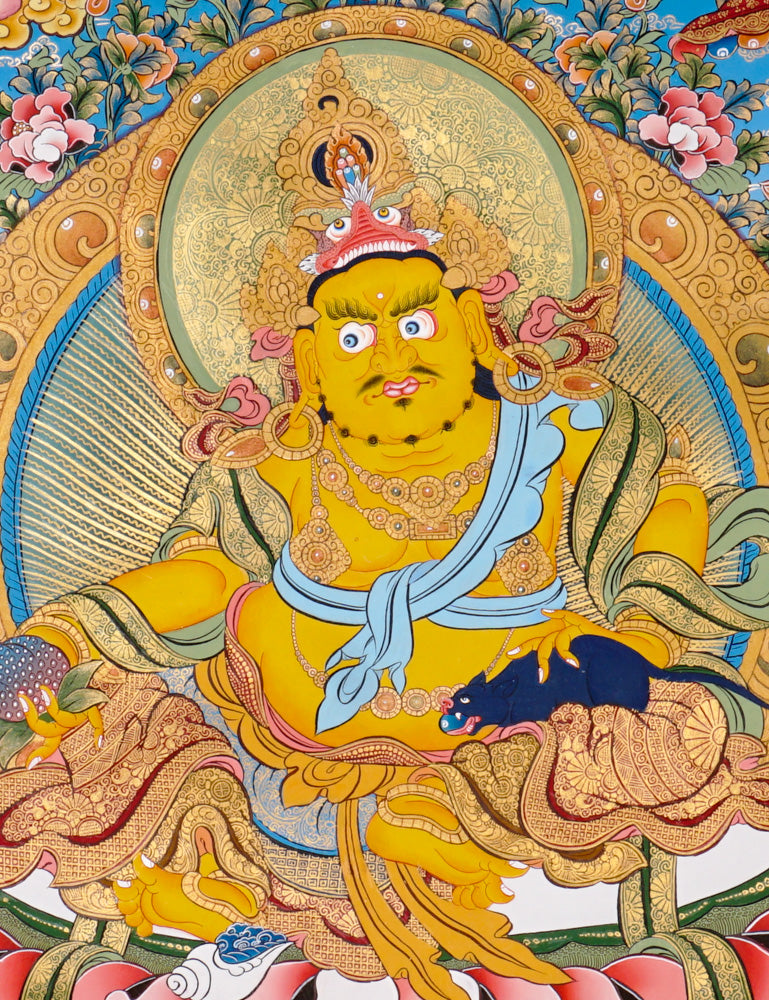 Yellow Zambhala thangka with Tibetan Buddhist wealth deity seated on lotus seat