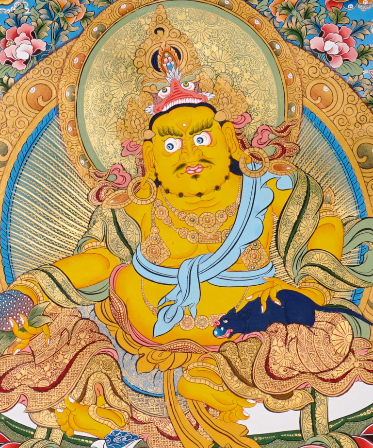 Yellow Zambhala thangka with Tibetan Buddhist wealth deity seated on lotus seat