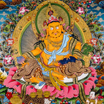 Yellow Zambhala thangka with Tibetan Buddhist wealth deity seated on lotus throne