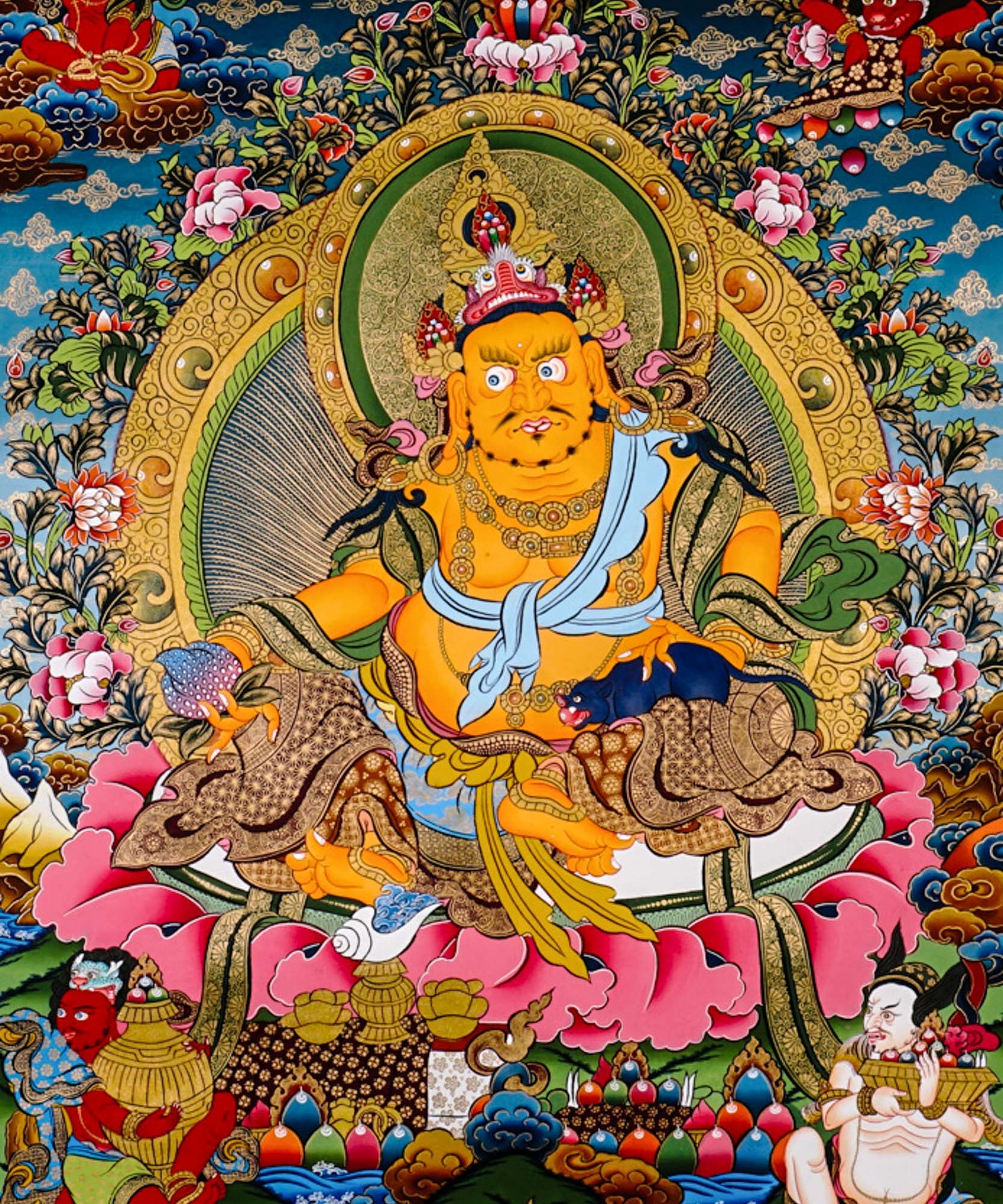 Yellow Zambhala thangka with Tibetan Buddhist wealth deity seated on lotus throne