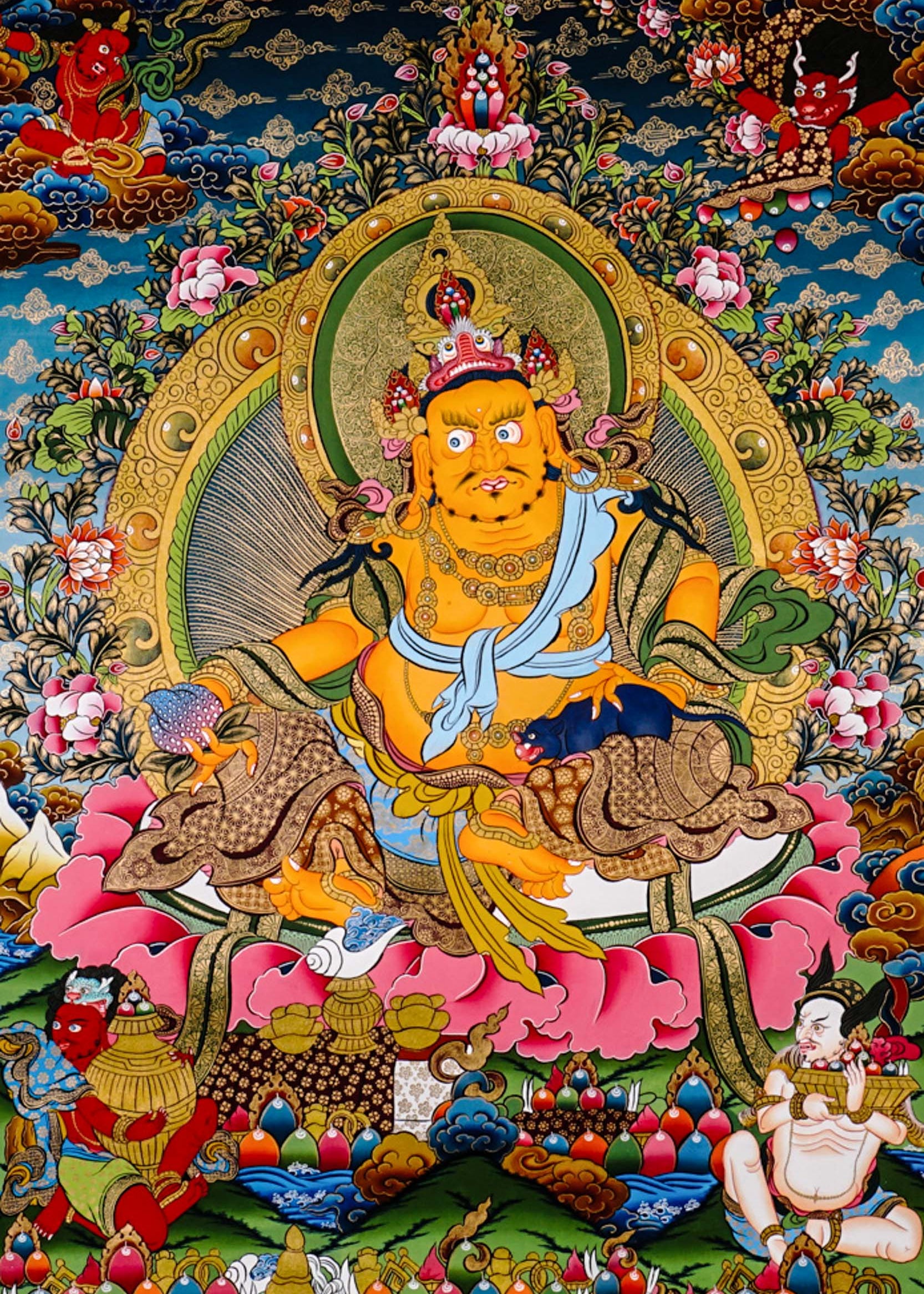 Yellow Zambhala thangka with Tibetan Buddhist wealth deity seated on lotus throne