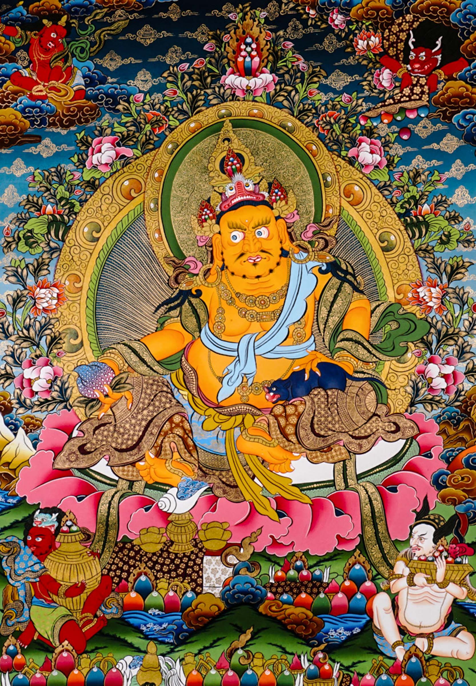 Yellow Zambhala thangka with Tibetan Buddhist wealth deity seated on lotus throne