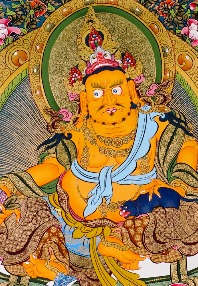 Yellow Zambhala thangka with Tibetan Buddhist wealth deity seated on lotus throne