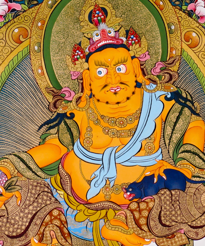 Yellow Zambhala thangka with Tibetan Buddhist wealth deity seated on lotus throne