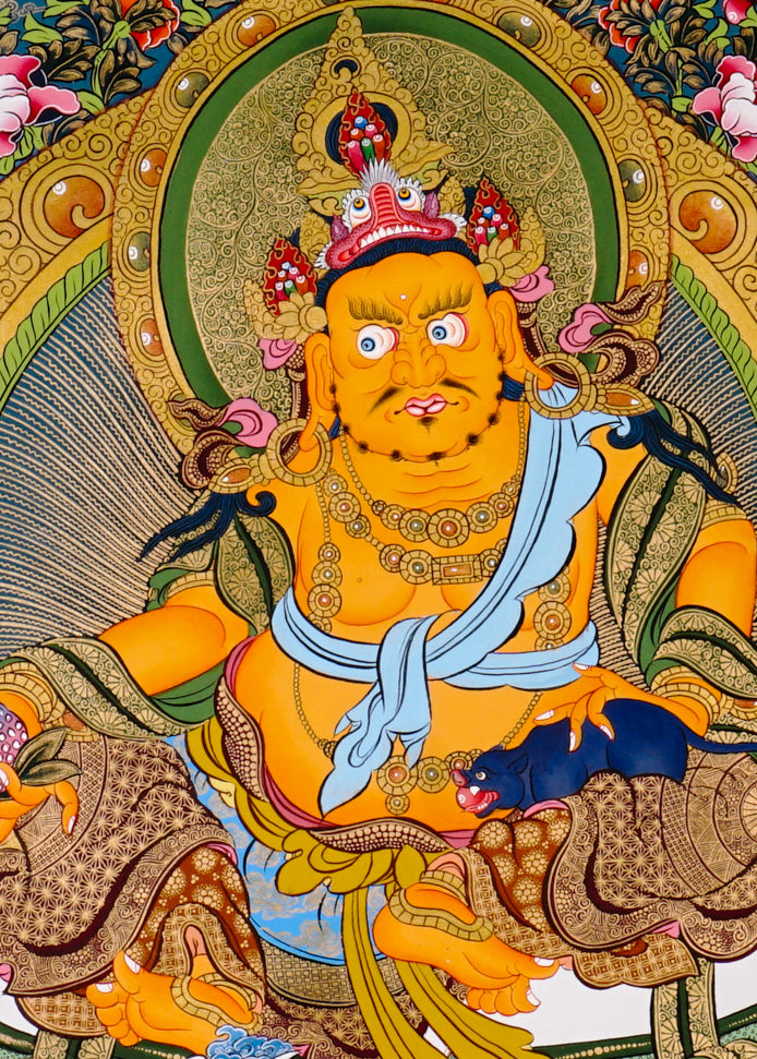 Yellow Zambhala thangka with Tibetan Buddhist wealth deity seated on lotus throne