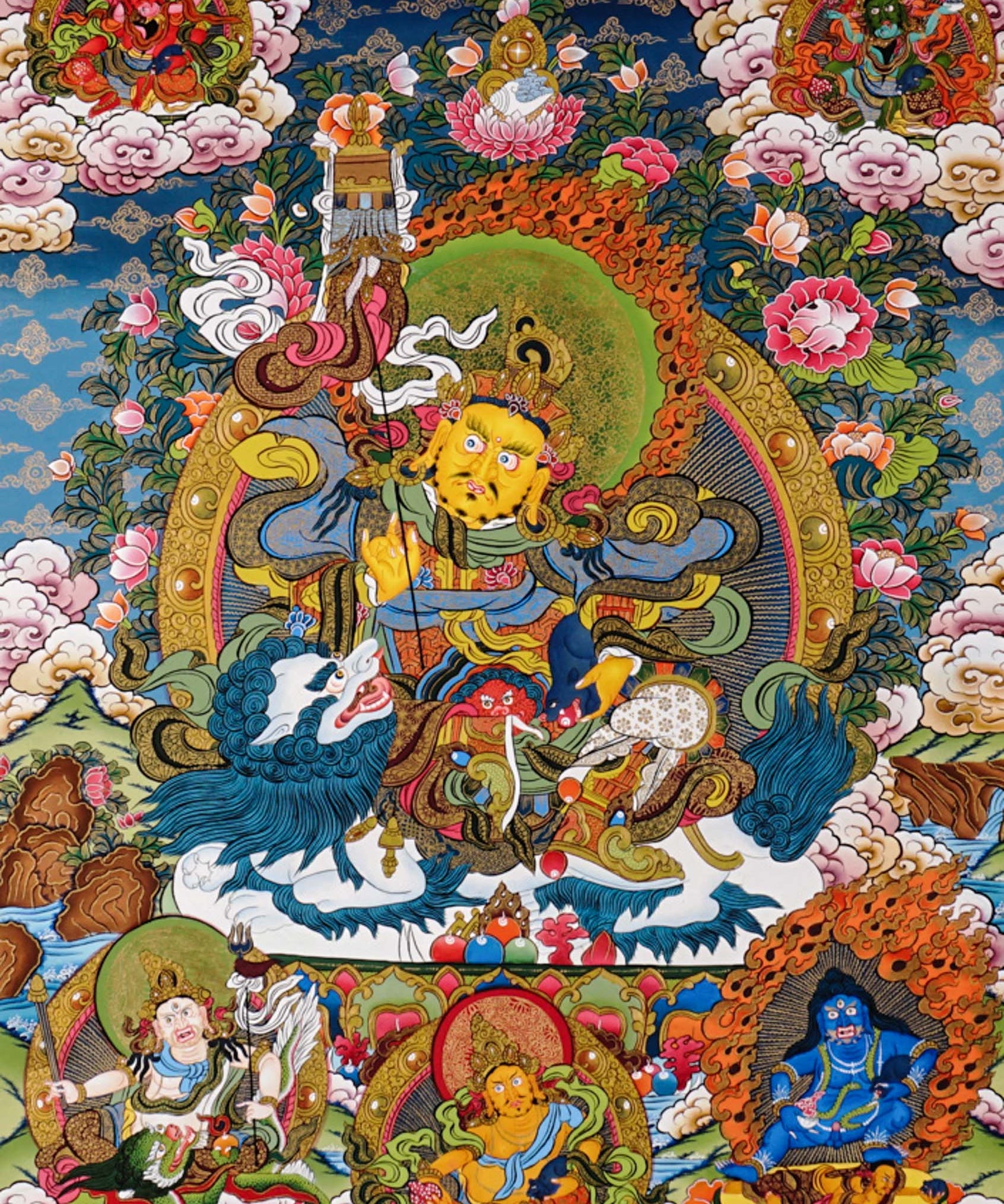 Singha Zambhala thangka with deity riding snow lion