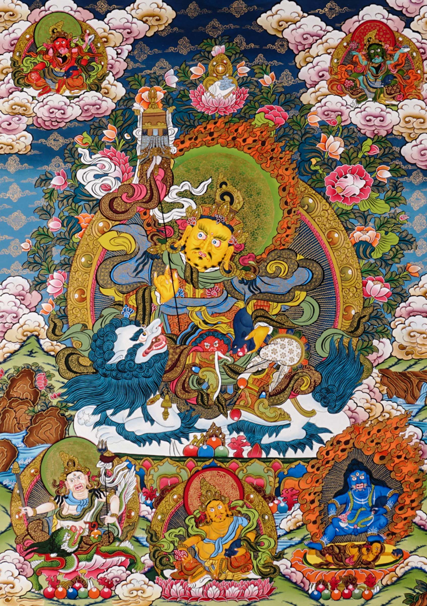 Singha Zambhala thangka with deity riding snow lion