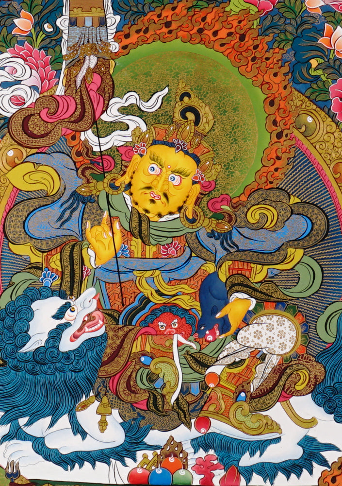 Singha Zambhala thangka with deity riding snow lion