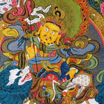 Singha Zambhala thangka with deity riding snow lion