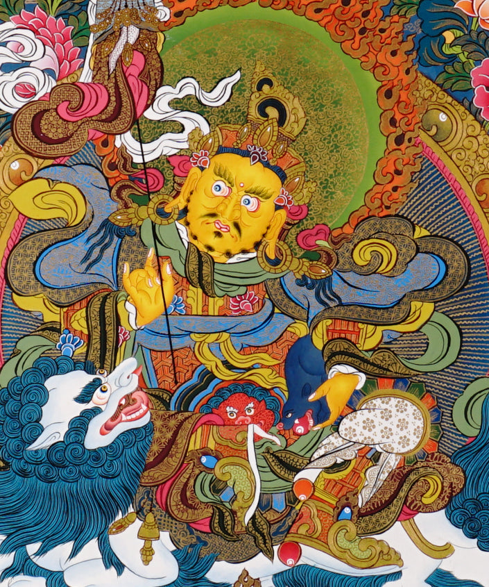 Singha Zambhala thangka with deity riding snow lion