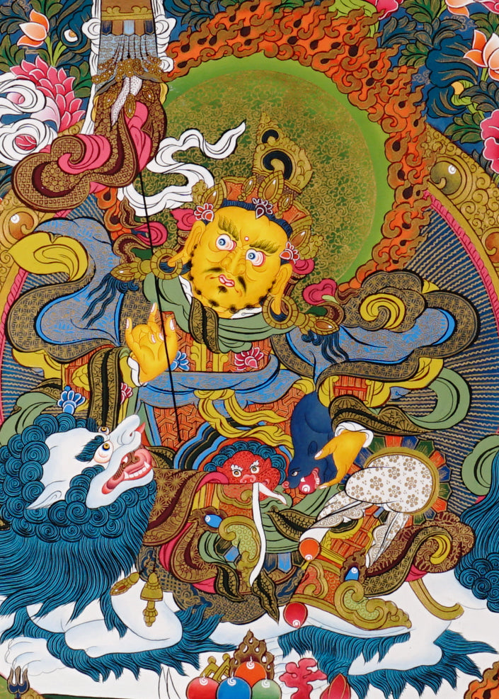 Singha Zambhala thangka with deity riding snow lion