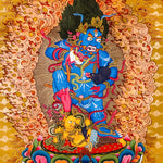 Black Zambhala thangka with wrathful wealth deity surrounded by flames
