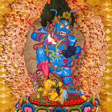 Black Zambhala thangka with wrathful wealth deity surrounded by flames