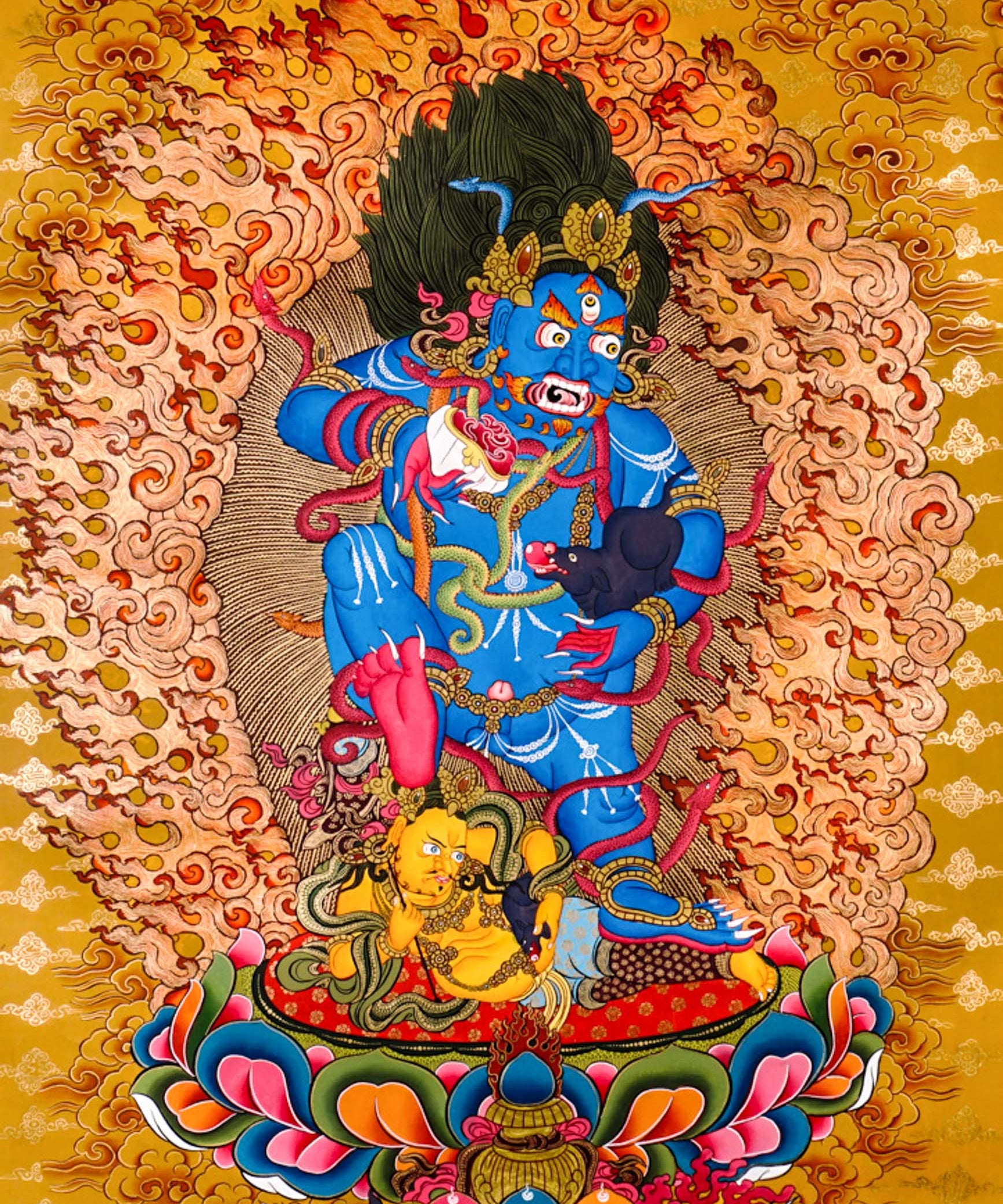 Black Zambhala thangka with wrathful wealth deity surrounded by flames