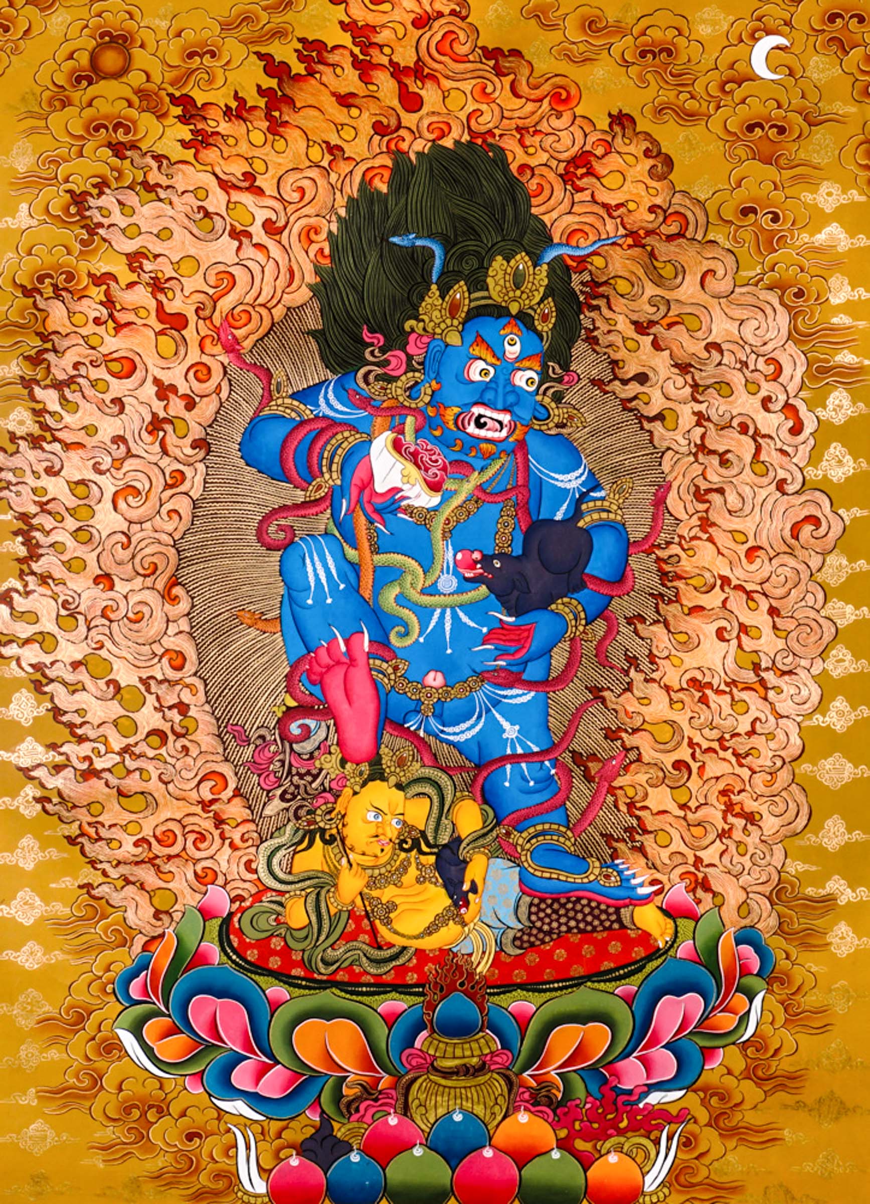 Black Zambhala thangka with wrathful wealth deity surrounded by flames