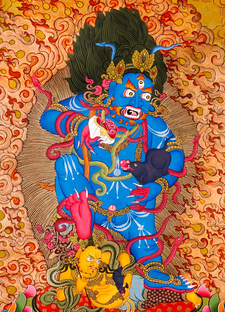 Black Zambhala thangka with wrathful wealth deity surrounded by flames