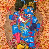 Black Zambhala thangka with wrathful wealth deity surrounded by flames