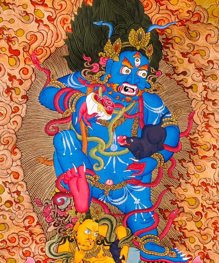 Black Zambhala thangka with wrathful wealth deity surrounded by flames