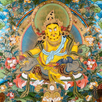 Yellow Zambhala thangka with Tibetan Buddhist wealth deity seated on lotus throne
