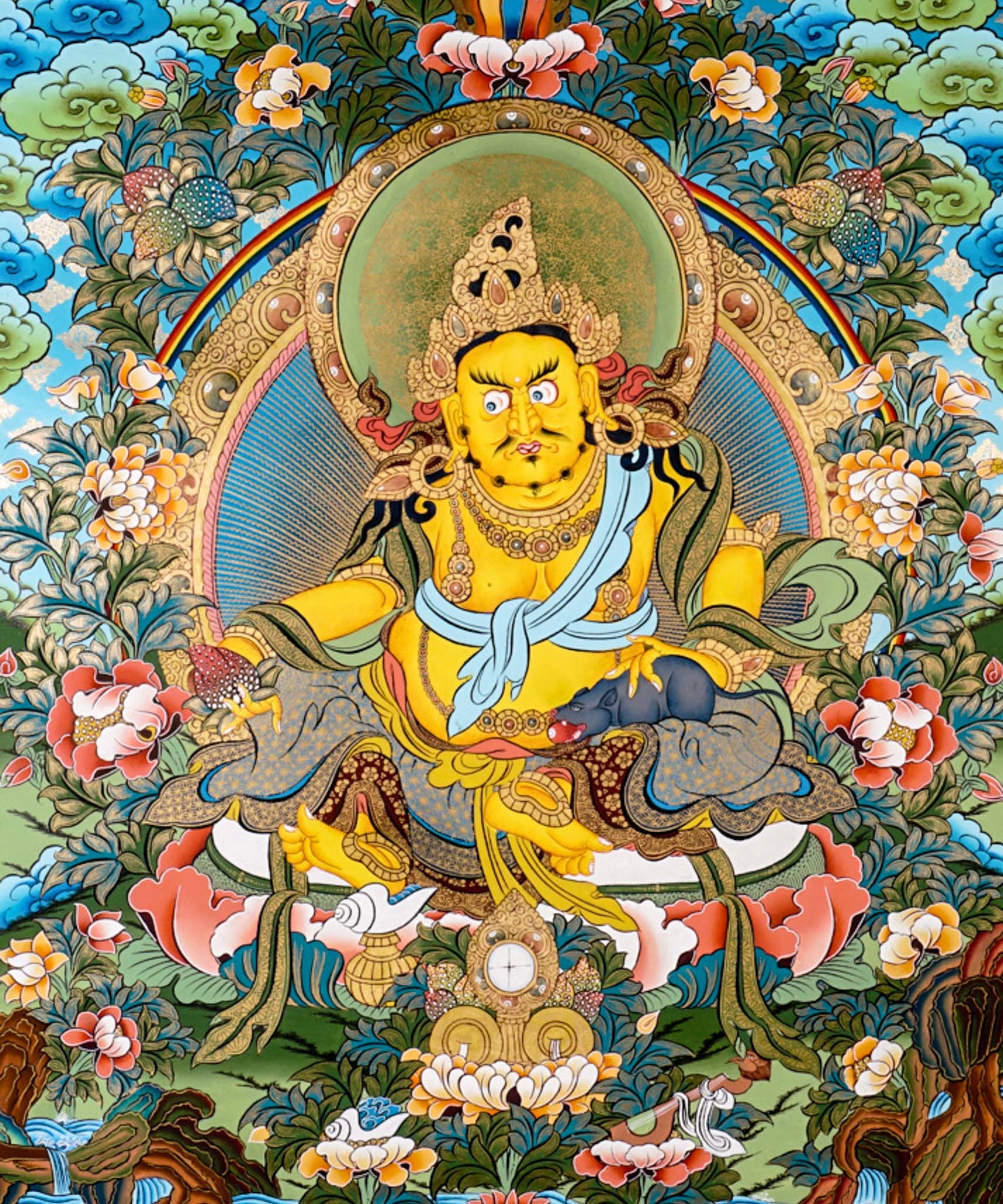 Yellow Zambhala thangka with Tibetan Buddhist wealth deity seated on lotus throne