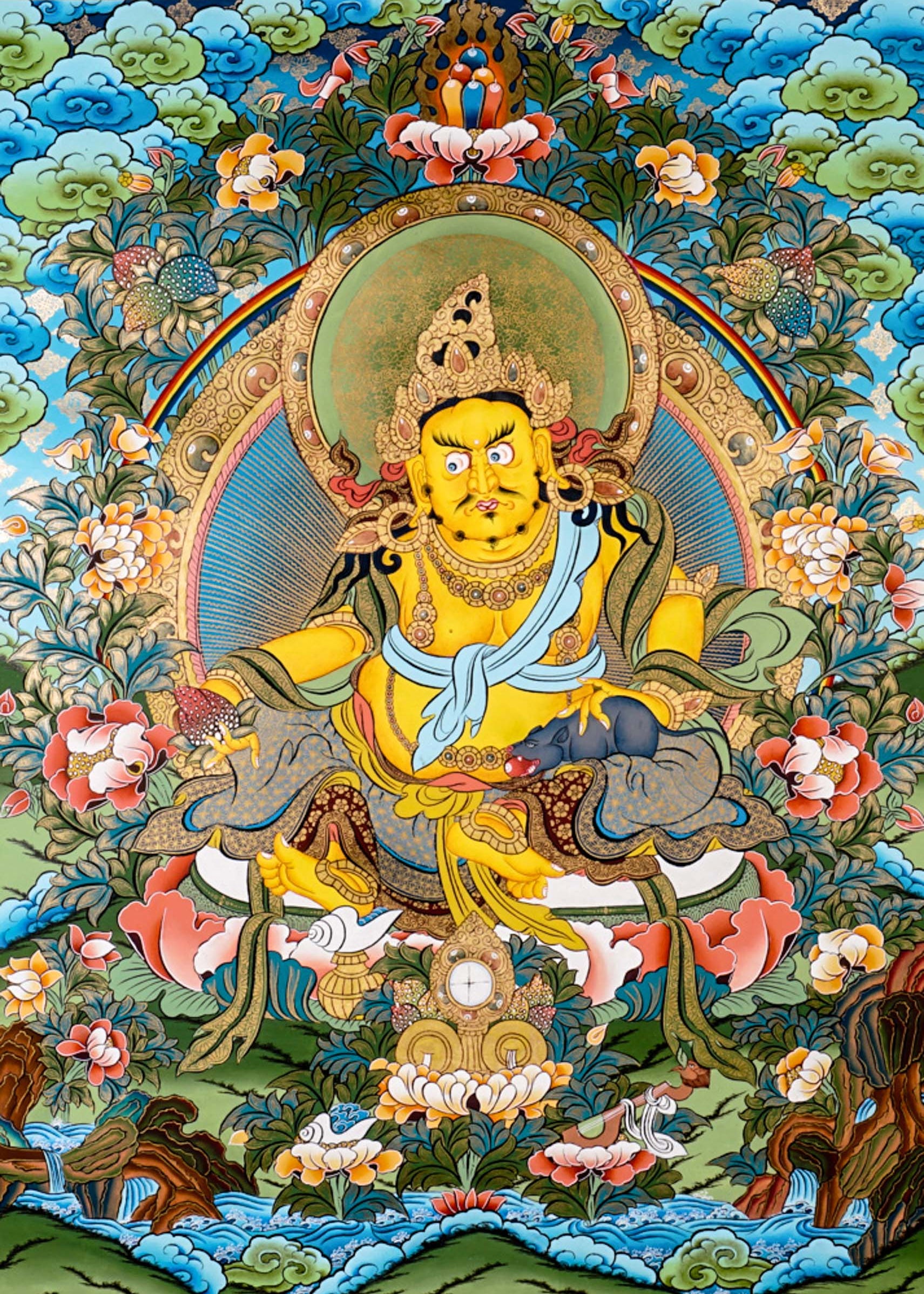 Yellow Zambhala thangka with Tibetan Buddhist wealth deity seated on lotus throne