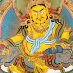 Yellow Zambhala thangka with Tibetan Buddhist wealth deity seated on lotus throne