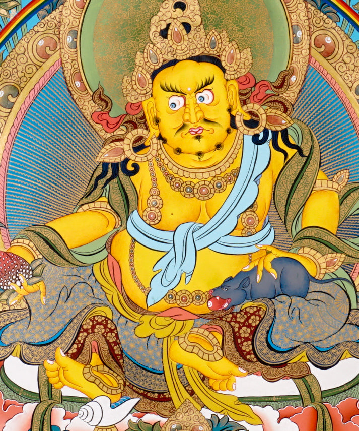 Yellow Zambhala thangka with Tibetan Buddhist wealth deity seated on lotus throne