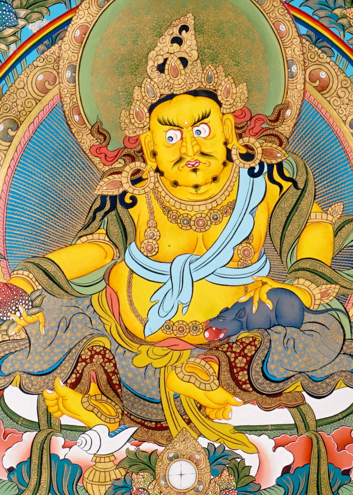 Yellow Zambhala thangka with Tibetan Buddhist wealth deity seated on lotus throne