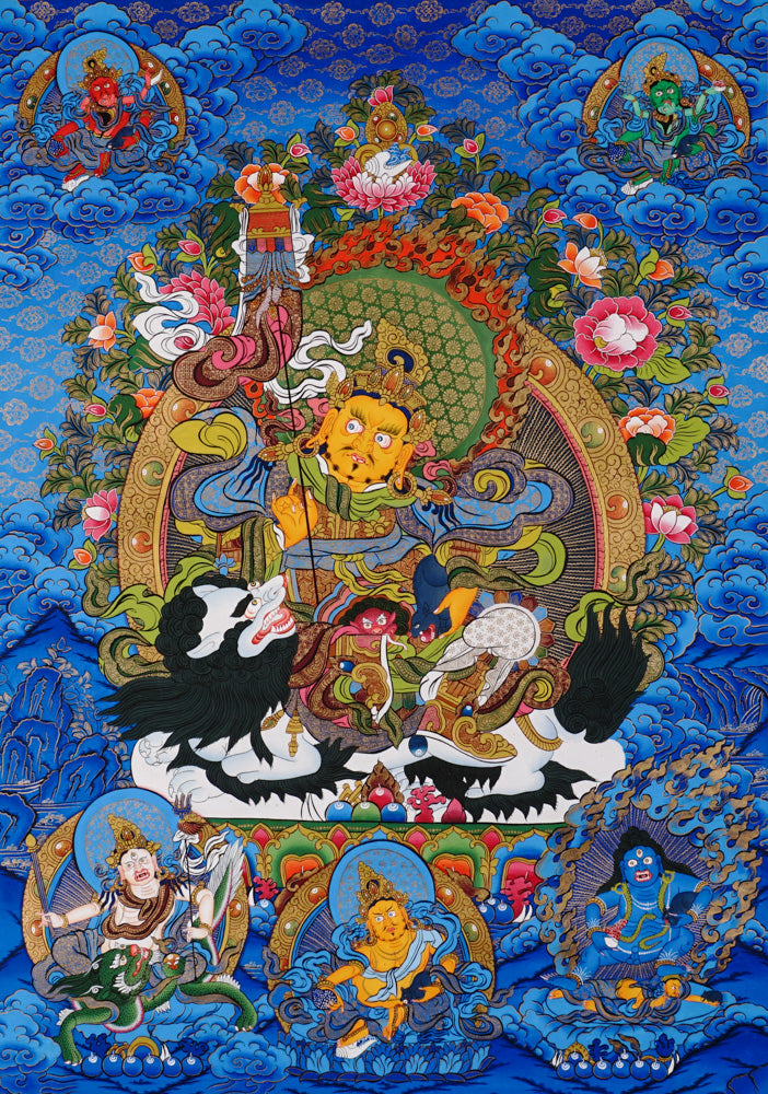 Singha Zambhala thangka with deity riding snow lion on blue background